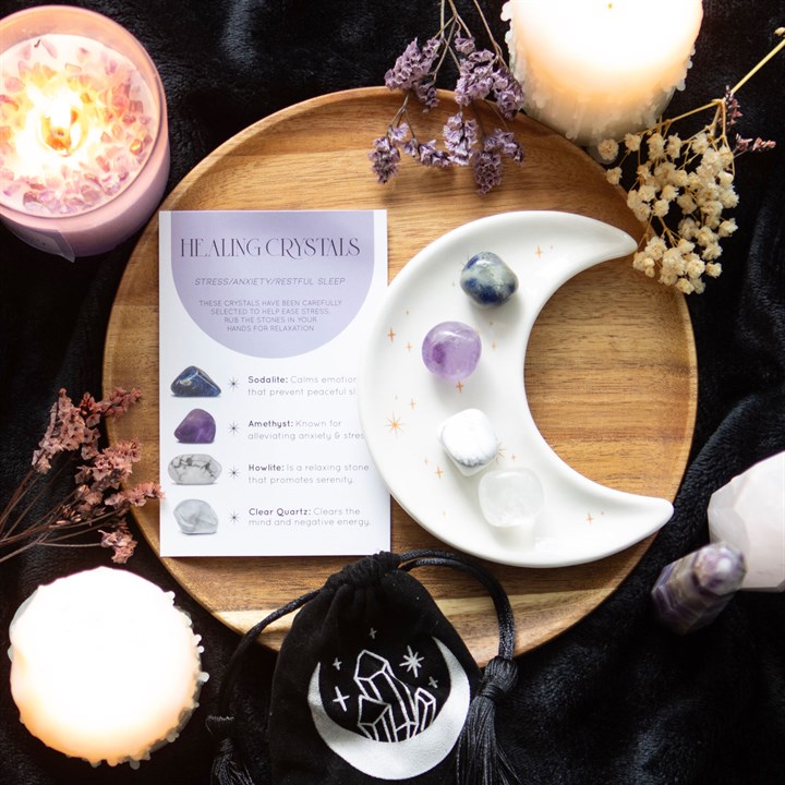 Stress Healing Crystal Set with Moon Trinket Dish-Sodalite, Amethyst, Howlite & Clear Quartz - Image 2