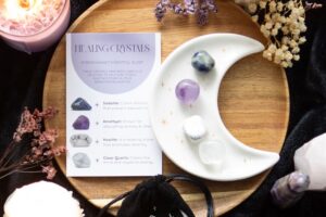 Stress Healing Crystal Set with Moon Trinket Dish-Sodalite, Amethyst, Howlite & Clear Quartz