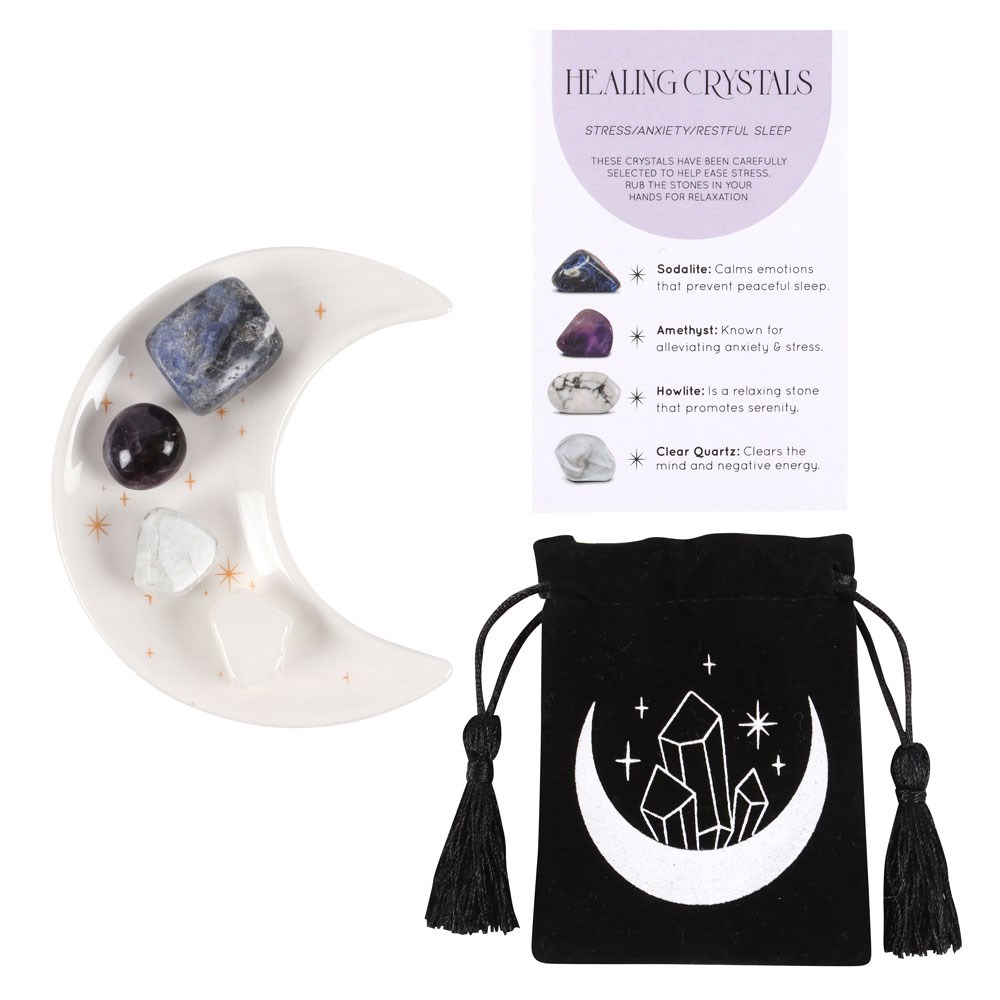Stress Healing Crystal Set with Moon Trinket Dish-Sodalite, Amethyst, Howlite & Clear Quartz - Image 3